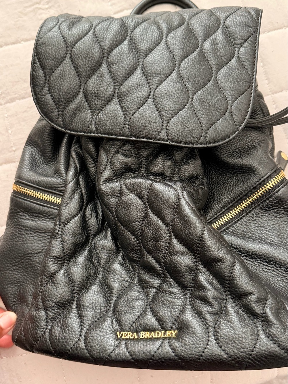 Vera Bradley Black Quilted Leather Backpack with Gold Hardware